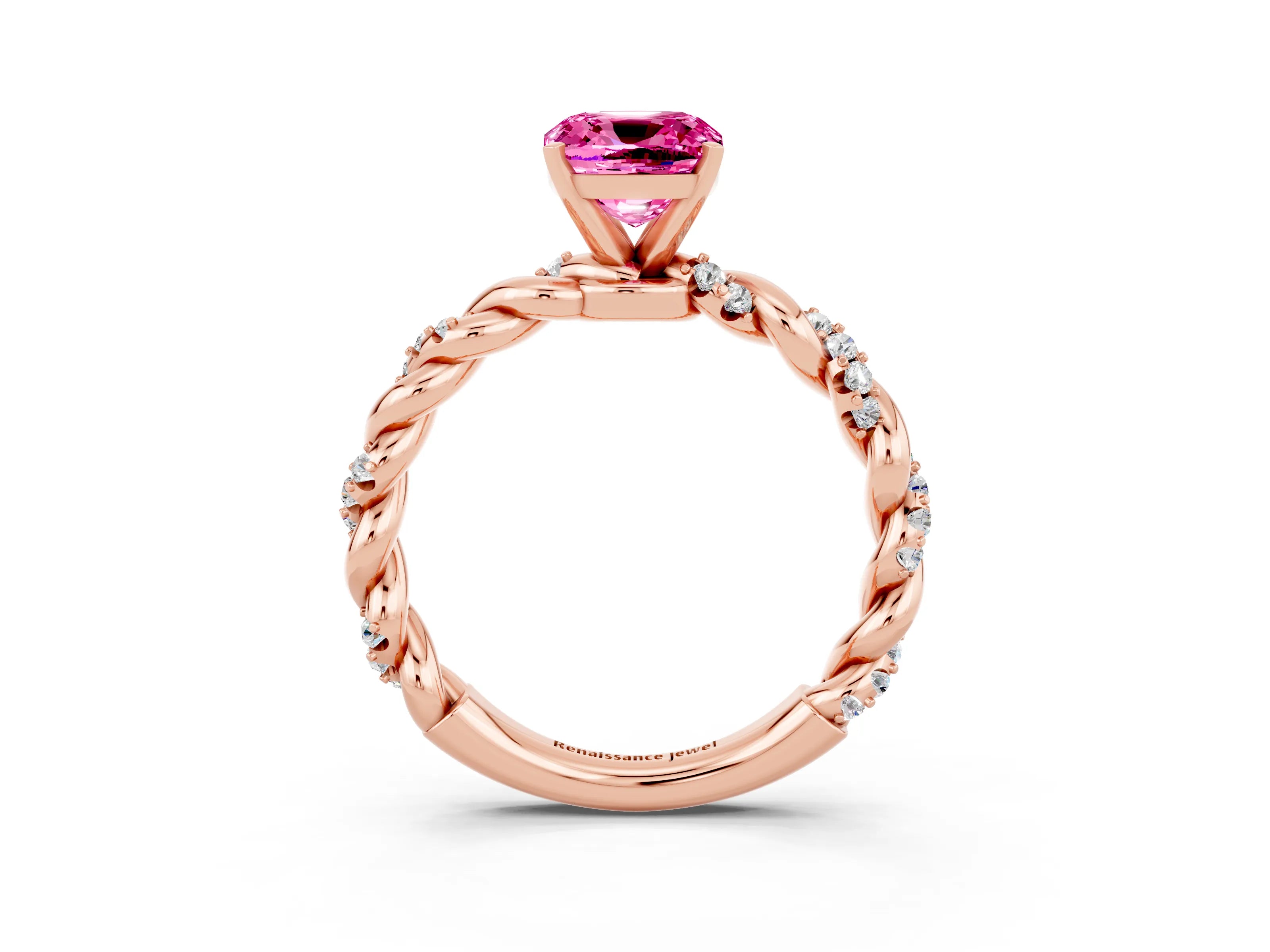 Rose gold Cushion Cut Pink Sapphire Solitaire Ring with Twisted Band and Pavé Accents_3