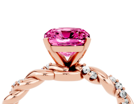 Rose gold Cushion Cut Pink Sapphire Solitaire Ring with Twisted Band and Pavé Accents_4