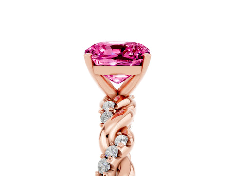 Rose gold Cushion Cut Pink Sapphire Solitaire Ring with Twisted Band and Pavé Accents_5
