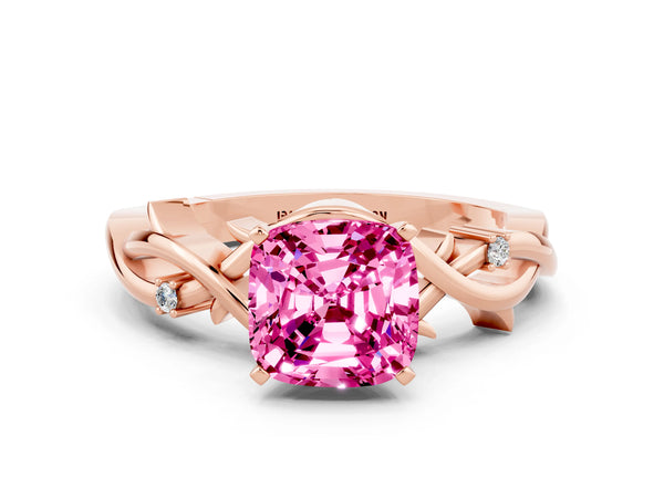 Rose gold Cushion Cut Pink Sapphire Solitaire Ring with Twisted Band and Prong Setting