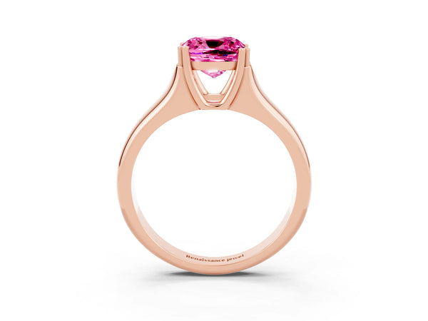 Rose gold Cushion Cut Pink Sapphire Solitaire Ring with Wide Band and Prong Setting