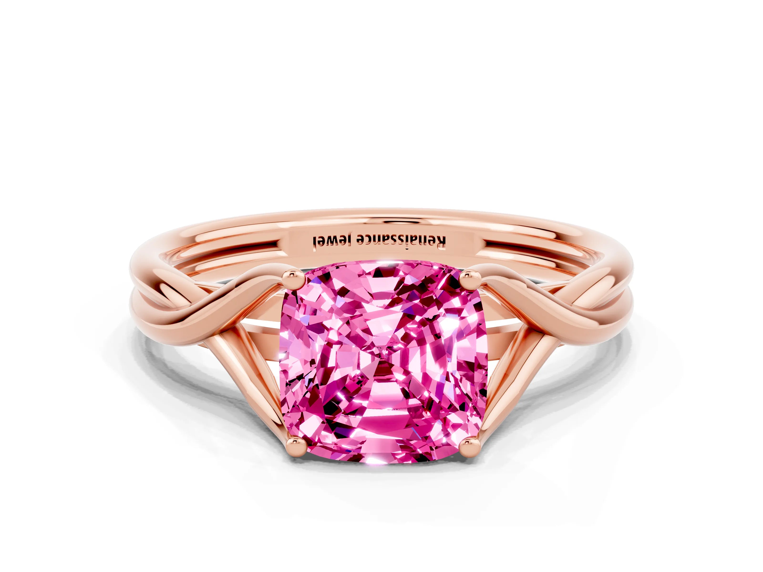 Rose gold Cushion Cut Pink Sapphire Solitaire Twist Band Prong Setting Ring_72