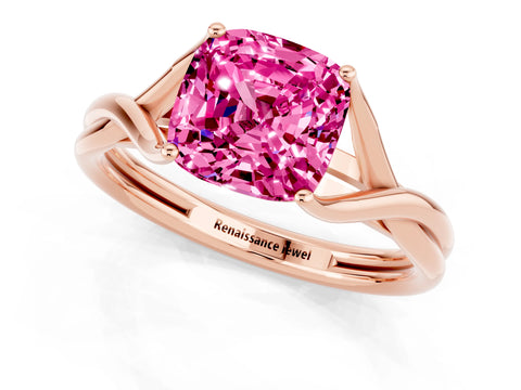 Rose gold Cushion Cut Pink Sapphire Solitaire Twist Band Prong Setting Ring_73
