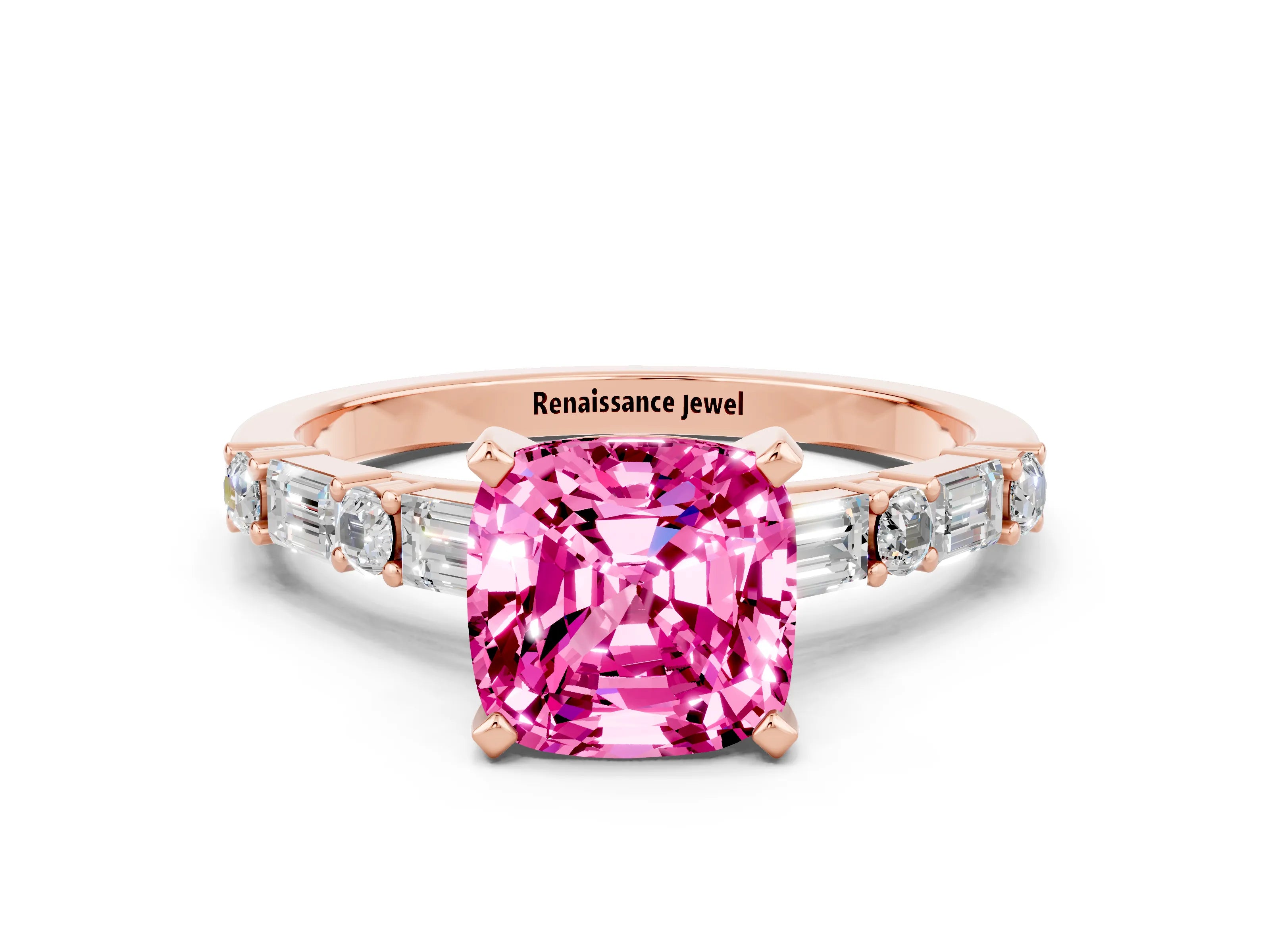 Rose gold Cushion Cut Pink Sapphire Solitaire with Side Baguettes and Channel Set Band_24