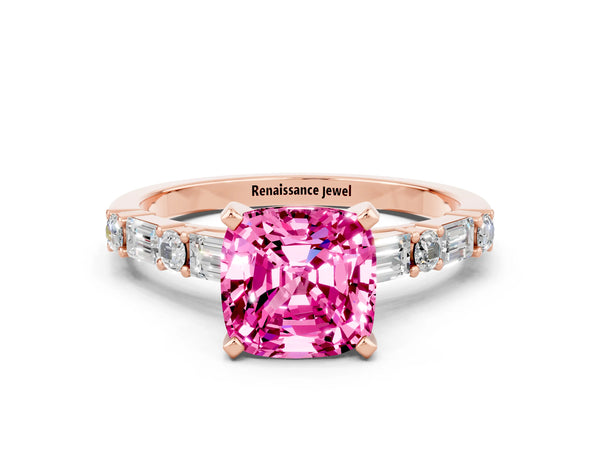 Rose gold Cushion Cut Pink Sapphire Solitaire with Side Baguettes and Channel Set Band