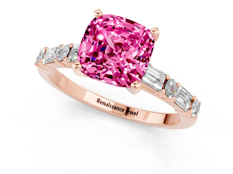 Rose gold Cushion Cut Pink Sapphire Solitaire with Side Baguettes and Channel Set Band_25
