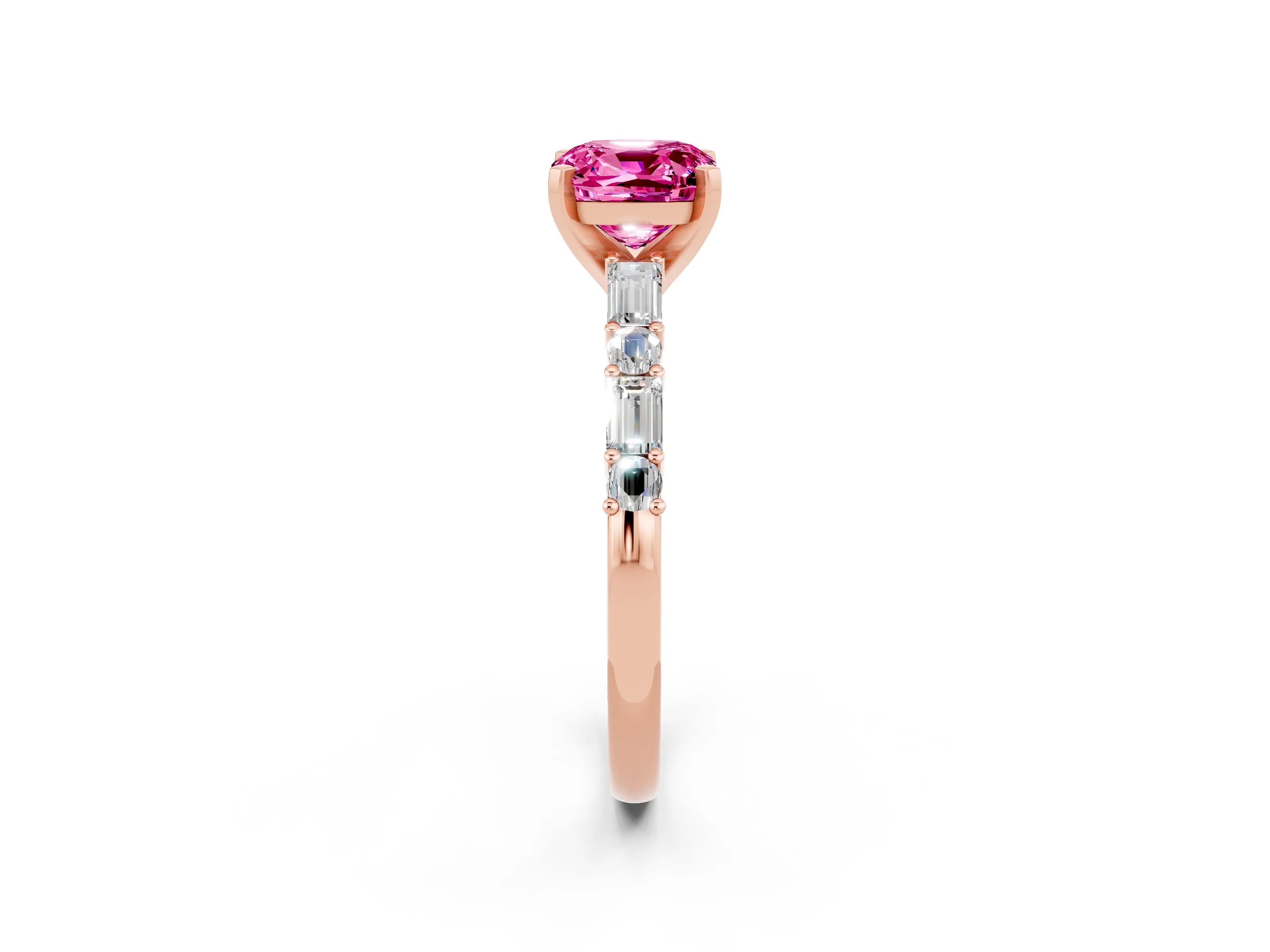Rose gold Cushion Cut Pink Sapphire Solitaire with Side Baguettes and Channel Set Band_26