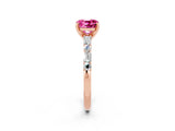Rose gold Cushion Cut Pink Sapphire Solitaire with Side Baguettes and Channel Set Band_26
