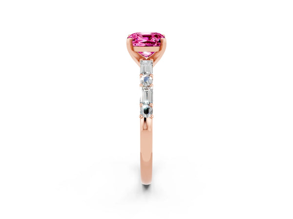 Rose gold Cushion Cut Pink Sapphire Solitaire with Side Baguettes and Channel Set Band
