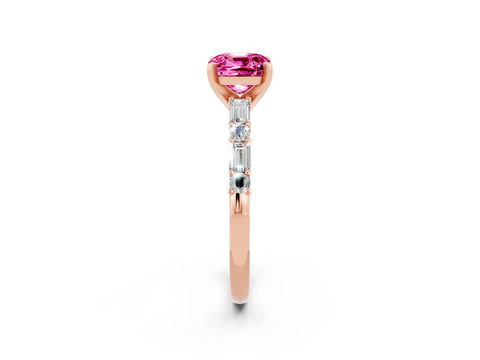 Rose gold Cushion Cut Pink Sapphire Solitaire with Side Baguettes and Channel Set Band_26