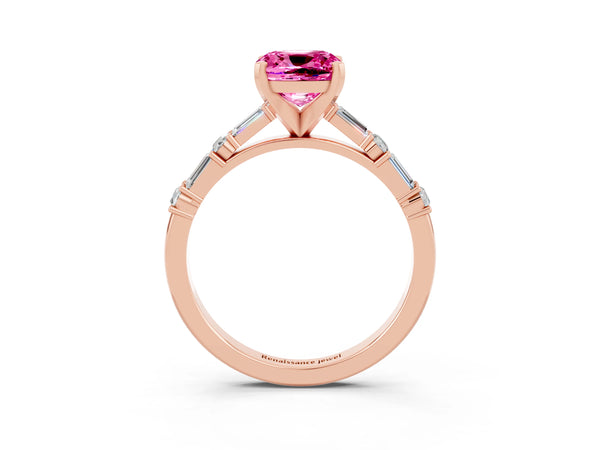 Rose gold Cushion Cut Pink Sapphire Solitaire with Side Baguettes and Channel Set Band