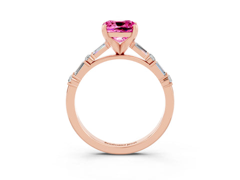 Rose gold Cushion Cut Pink Sapphire Solitaire with Side Baguettes and Channel Set Band_27