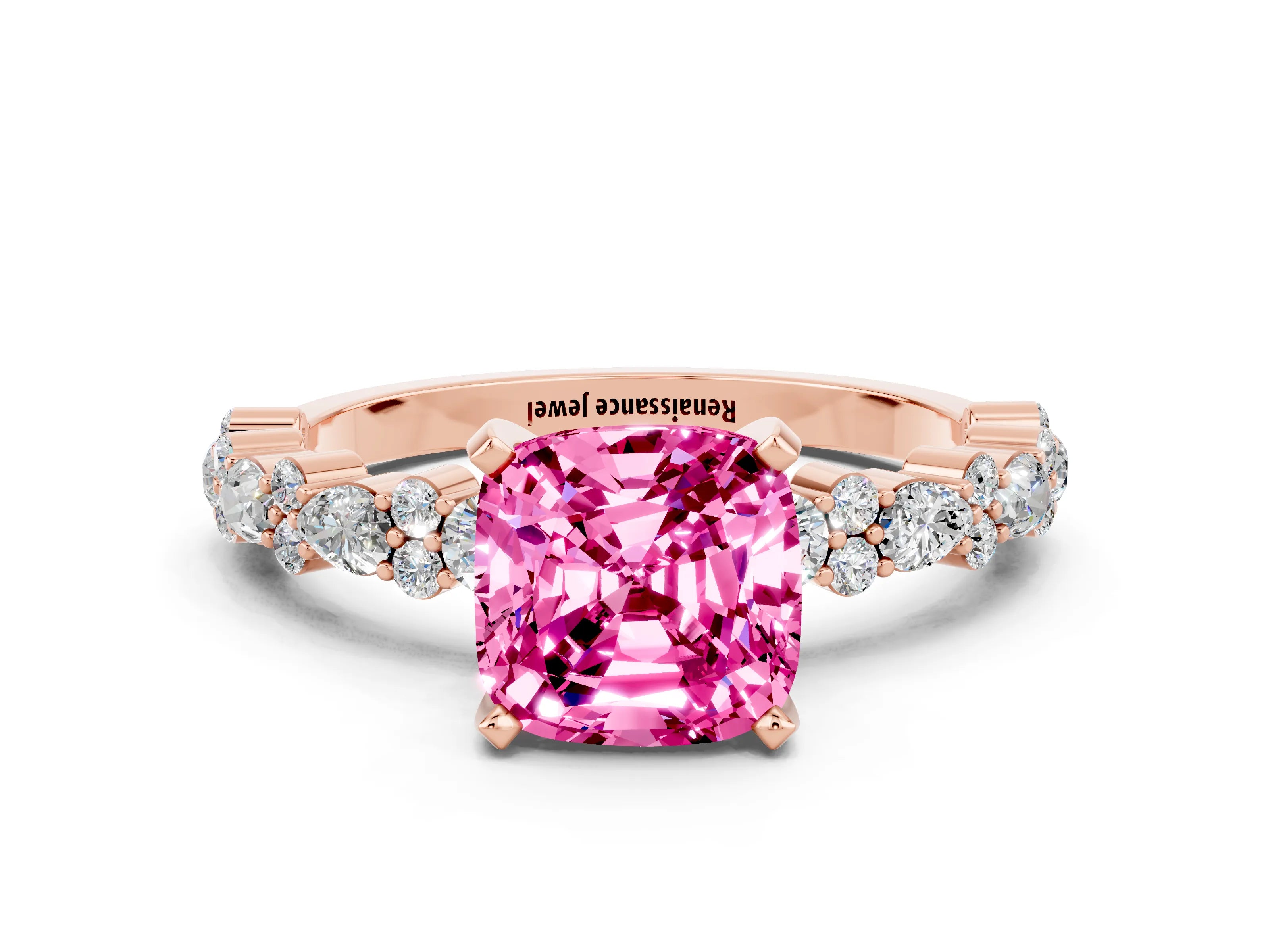 Rose gold Cushion Cut Pink Sapphire Solitaire with Side Stones, Pave Band, Four-Prong Setting_60