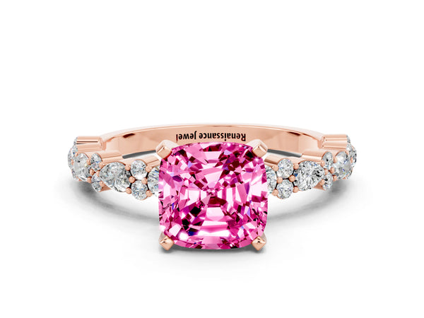 Rose gold Cushion Cut Pink Sapphire Side Stone Solitaire Ring with Round  and Four-Prong Setting