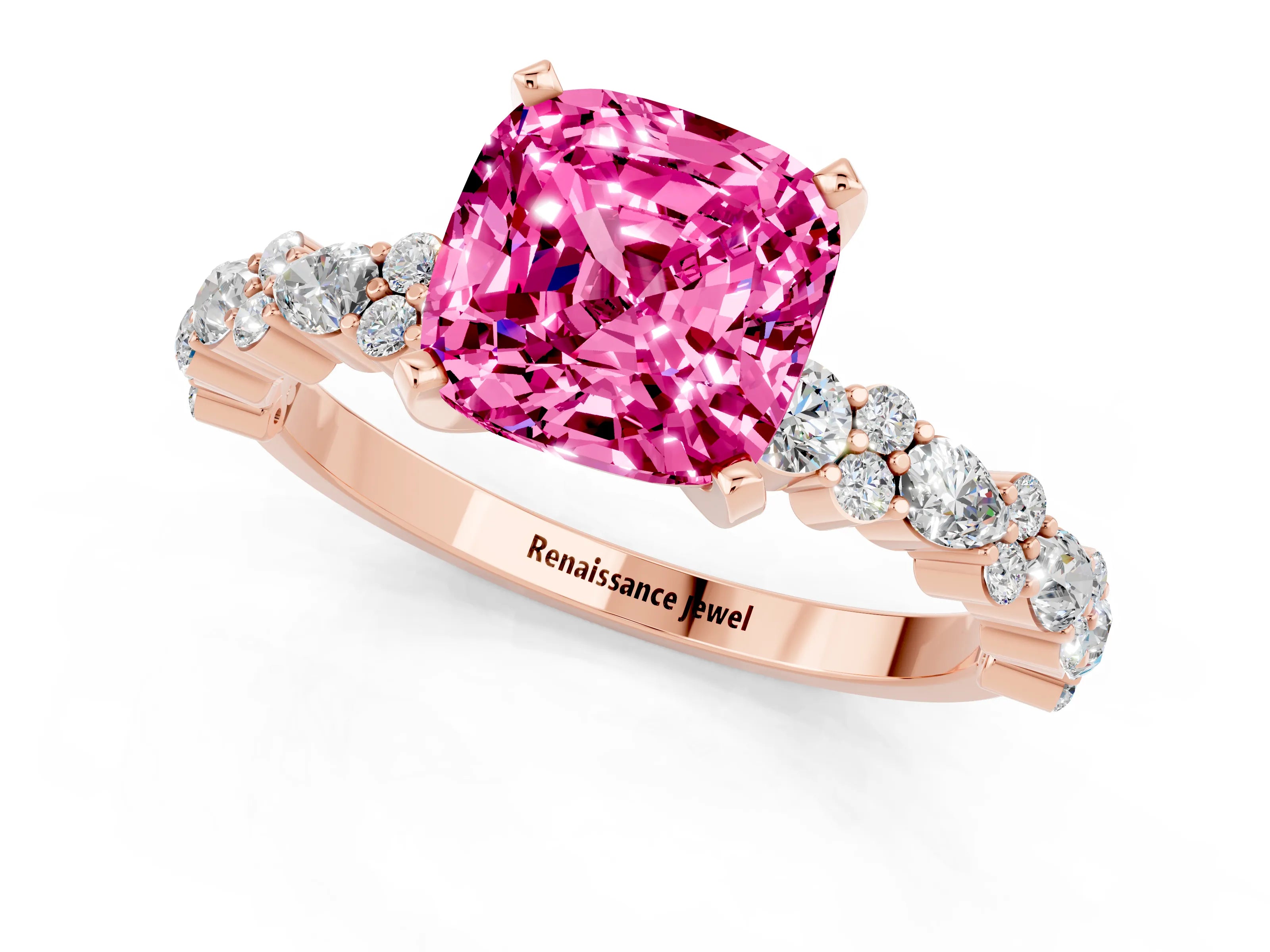 Rose gold Cushion Cut Pink Sapphire Solitaire with Side Stones, Pave Band, Four-Prong Setting_61
