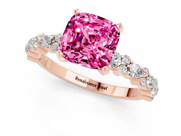 Rose gold Cushion Cut Pink Sapphire Side Stone Solitaire Ring with Round  and Four-Prong Setting