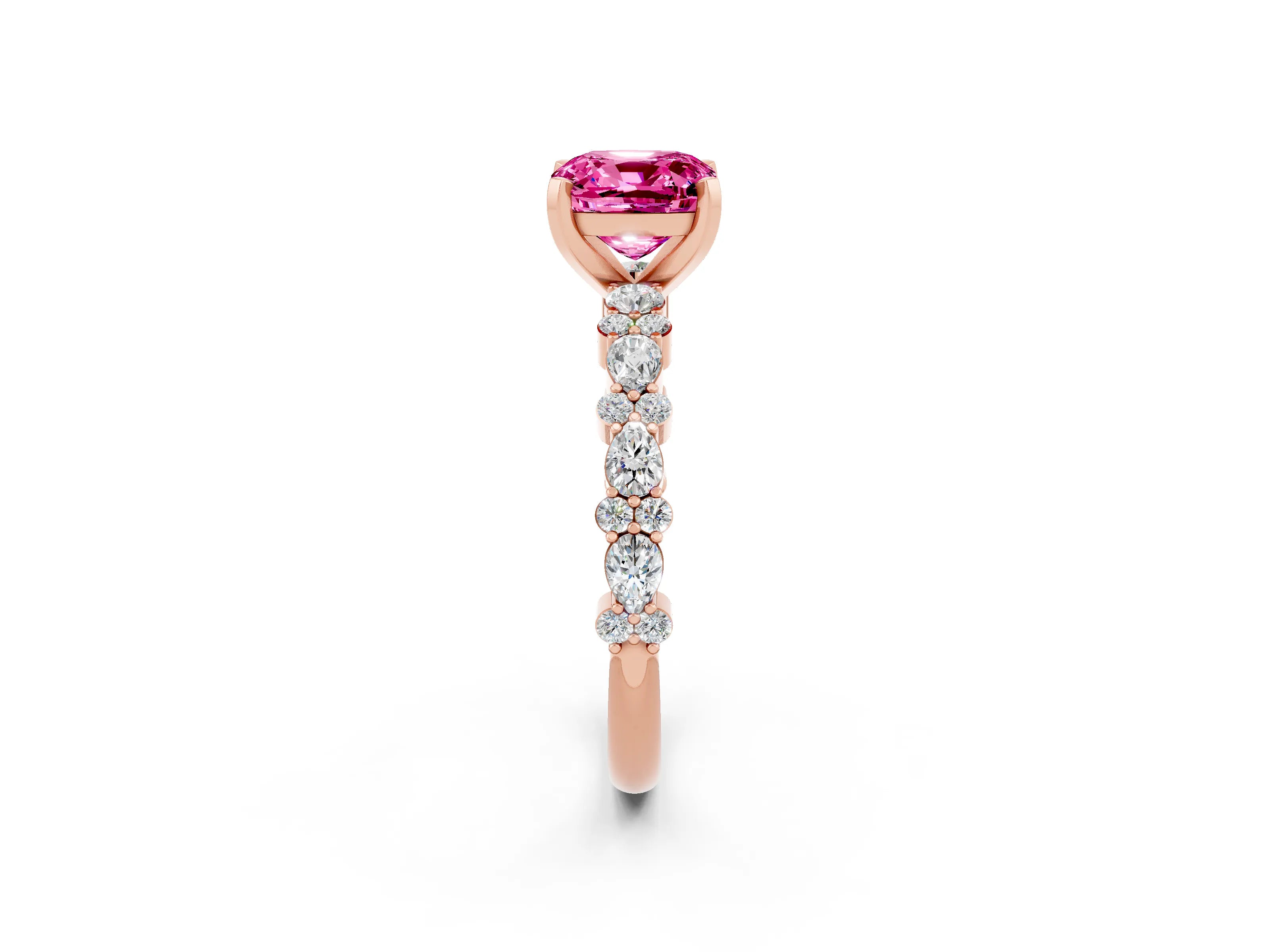 Rose gold Cushion Cut Pink Sapphire Solitaire with Side Stones, Pave Band, Four-Prong Setting_62