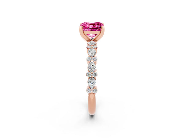 Rose gold Cushion Cut Pink Sapphire Side Stone Solitaire Ring with Round  and Four-Prong Setting