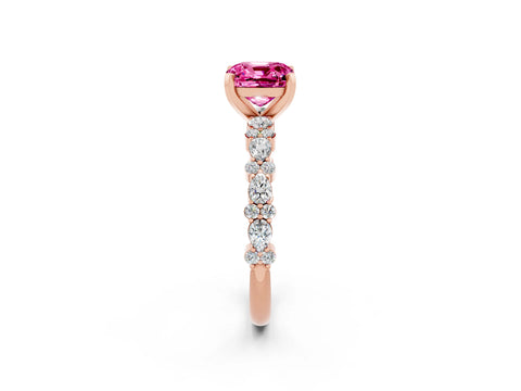 Rose gold Cushion Cut Pink Sapphire Solitaire with Side Stones, Pave Band, Four-Prong Setting_62