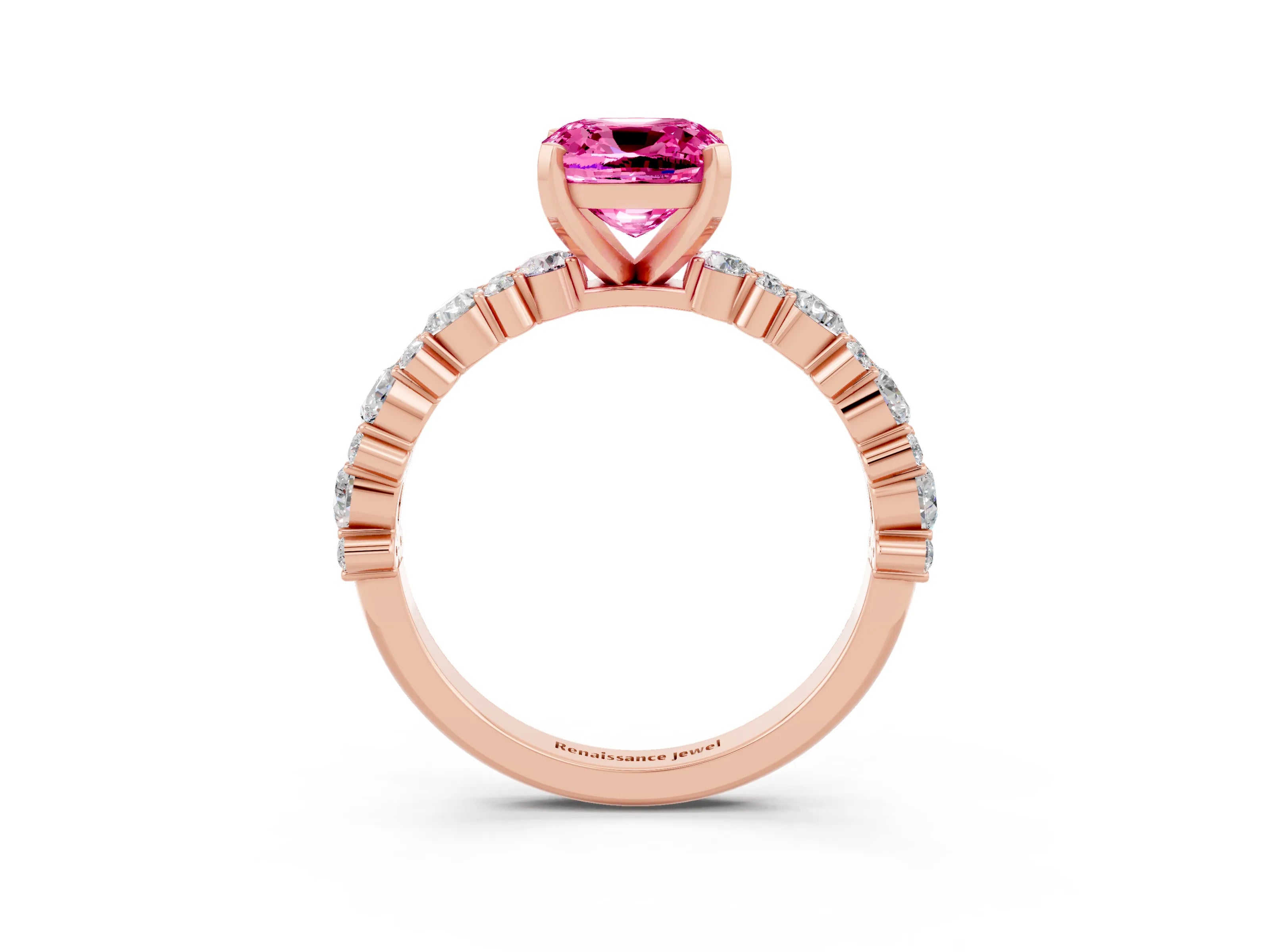 Rose gold Cushion Cut Pink Sapphire Solitaire with Side Stones, Pave Band, Four-Prong Setting_63
