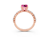 Rose gold Cushion Cut Pink Sapphire Solitaire with Side Stones, Pave Band, Four-Prong Setting_63
