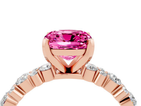 Rose gold Cushion Cut Pink Sapphire Solitaire with Side Stones, Pave Band, Four-Prong Setting_64