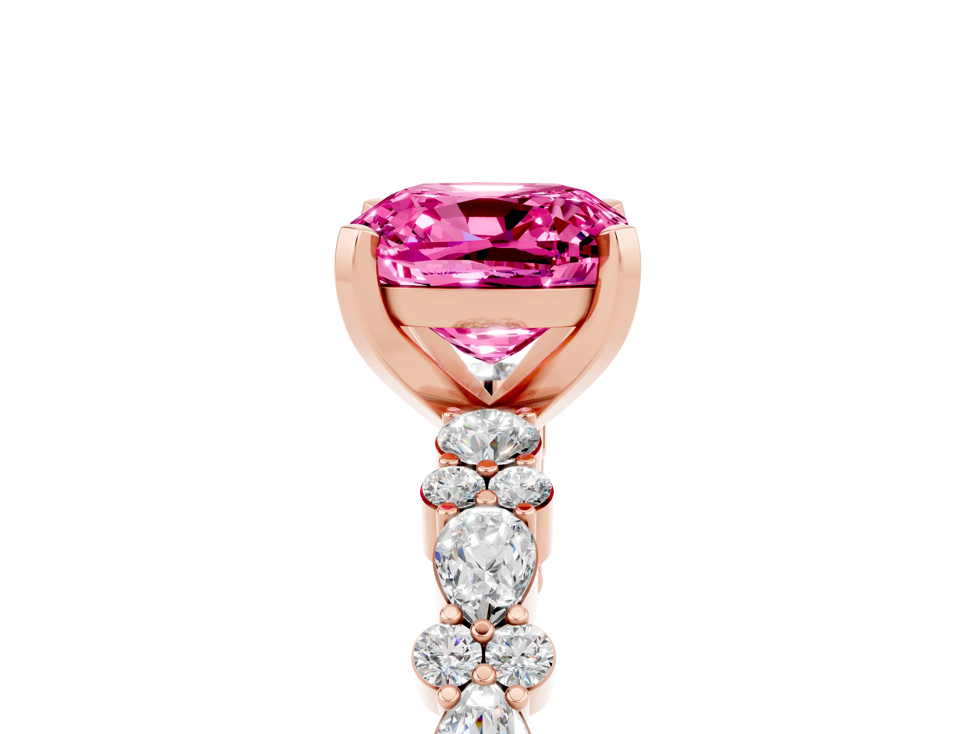 Rose gold Cushion Cut Pink Sapphire Solitaire with Side Stones, Pave Band, Four-Prong Setting_65