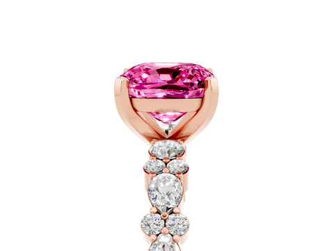 Rose gold Cushion Cut Pink Sapphire Solitaire with Side Stones, Pave Band, Four-Prong Setting_65