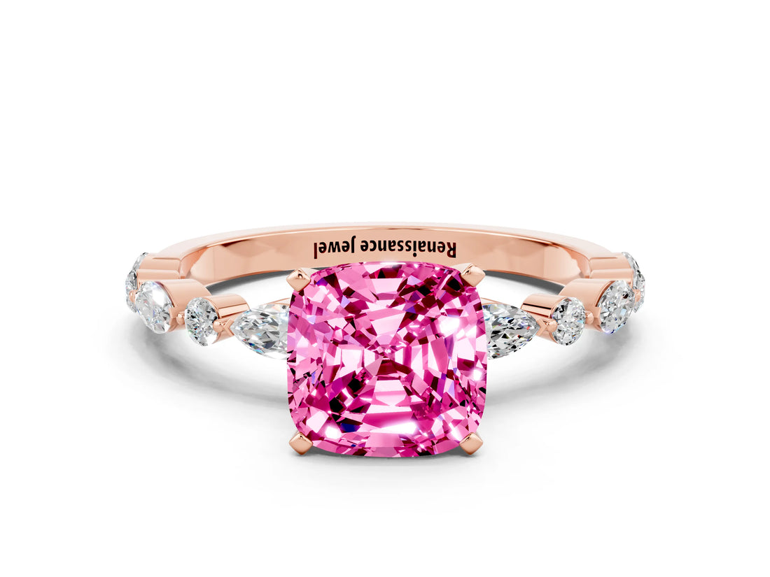 Rose gold Cushion Cut Pink Sapphire Solitaire with Side Stones on a Pavé Band and Four-Prong Setting_24
