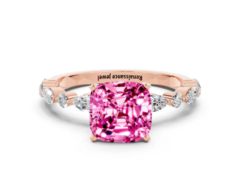 Rose gold Cushion Cut Pink Sapphire Solitaire with Side Stones on a Pavé Band and Four-Prong Setting_24