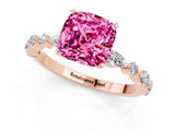 Rose gold Cushion Cut Pink Sapphire Solitaire with Side Stones on a Pavé Band and Four-Prong Setting_25