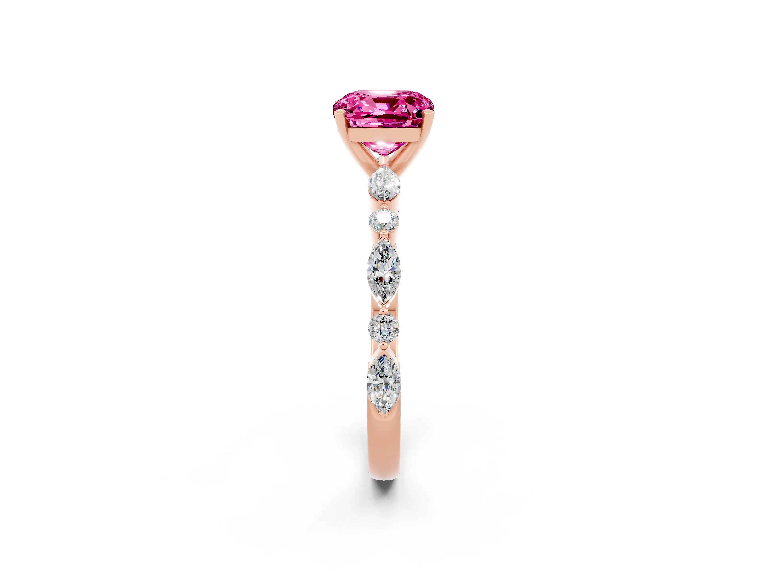 Rose gold Cushion Cut Pink Sapphire Solitaire with Side Stones on a Pavé Band and Four-Prong Setting_26