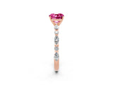 Rose gold Cushion Cut Pink Sapphire Solitaire with Side Stones on a Pavé Band and Four-Prong Setting_26
