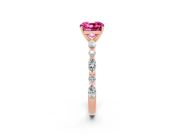 Rose gold Cushion Cut Pink Sapphire Ring with Marquise and Round  Side Stones and Four-Prong Setting
