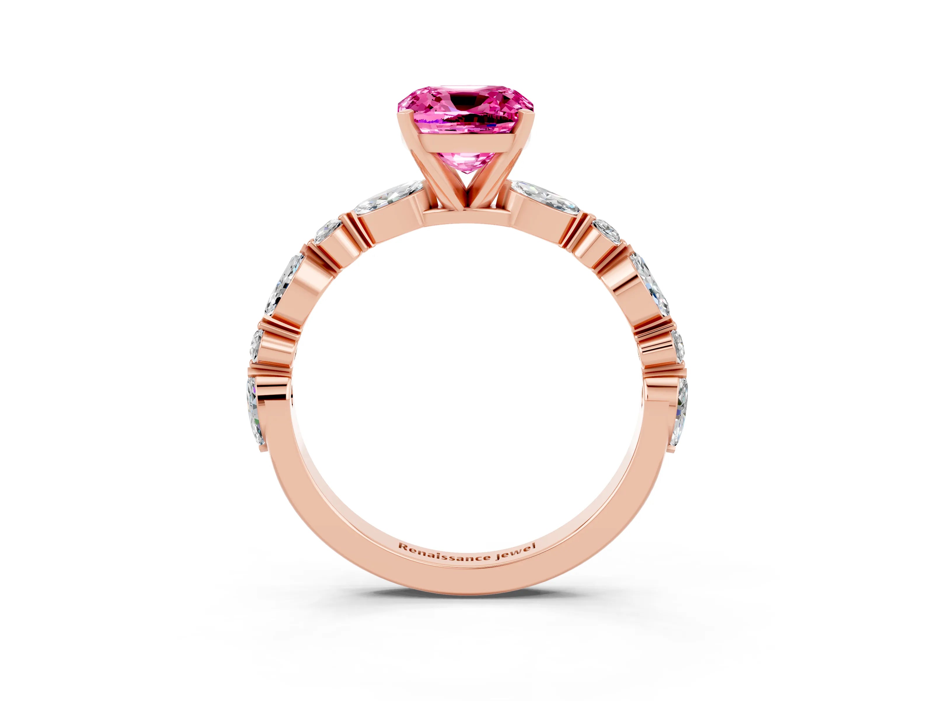 Rose gold Cushion Cut Pink Sapphire Solitaire with Side Stones on a Pavé Band and Four-Prong Setting_27