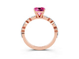 Rose gold Cushion Cut Pink Sapphire Solitaire with Side Stones on a Pavé Band and Four-Prong Setting_27