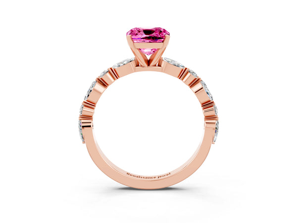 Rose gold Cushion Cut Pink Sapphire Ring with Marquise and Round  Side Stones and Four-Prong Setting