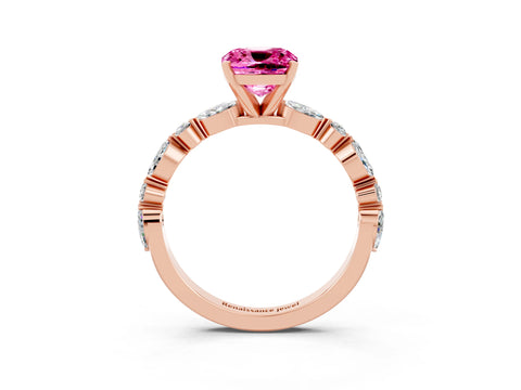 Rose gold Cushion Cut Pink Sapphire Solitaire with Side Stones on a Pavé Band and Four-Prong Setting_27