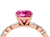 Rose gold Cushion Cut Pink Sapphire Solitaire with Side Stones on a Pavé Band and Four-Prong Setting_28