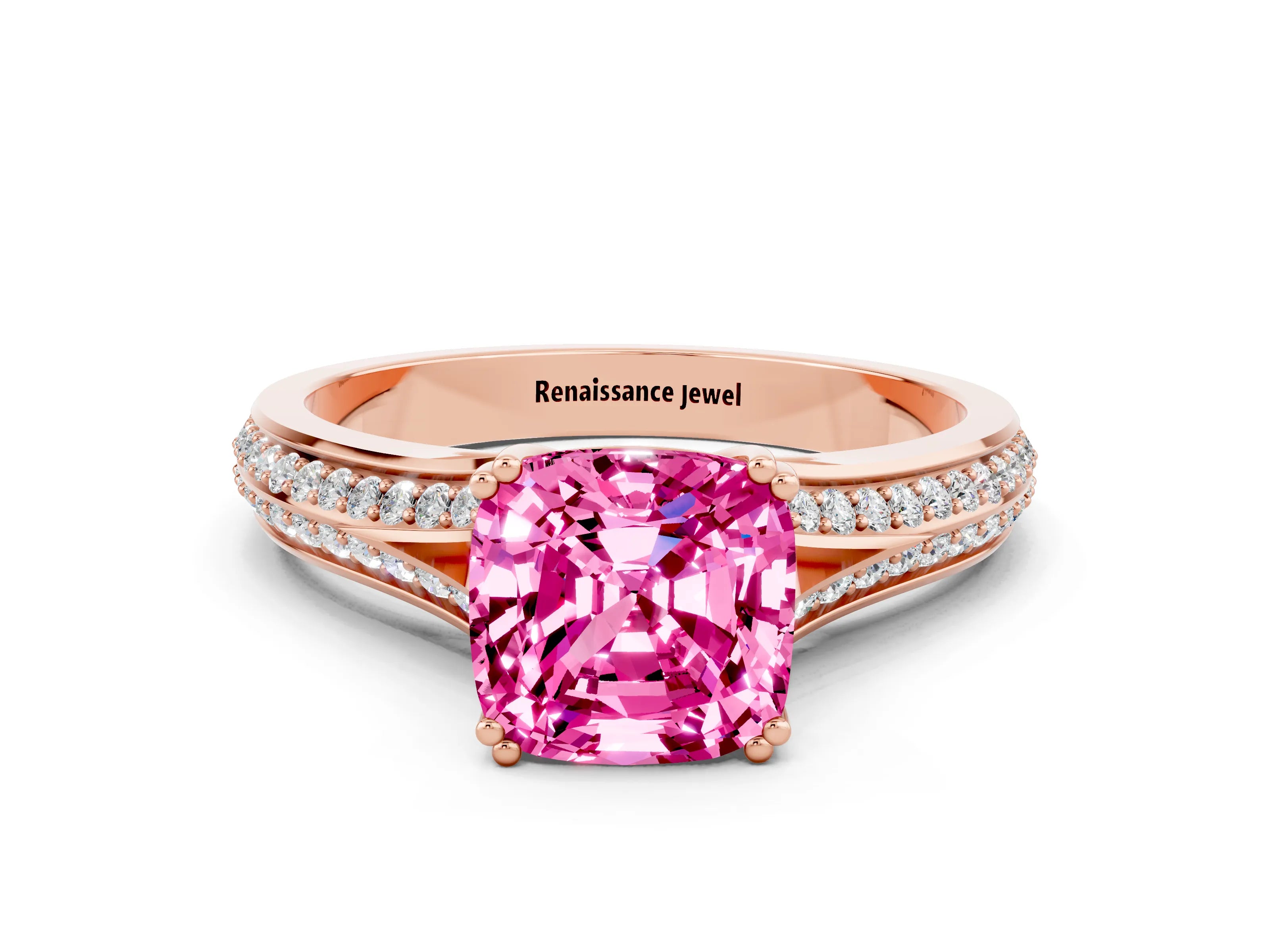 Rose gold Cushion Cut Pink Sapphire Split Shank Engagement Ring with Pavé Band_24
