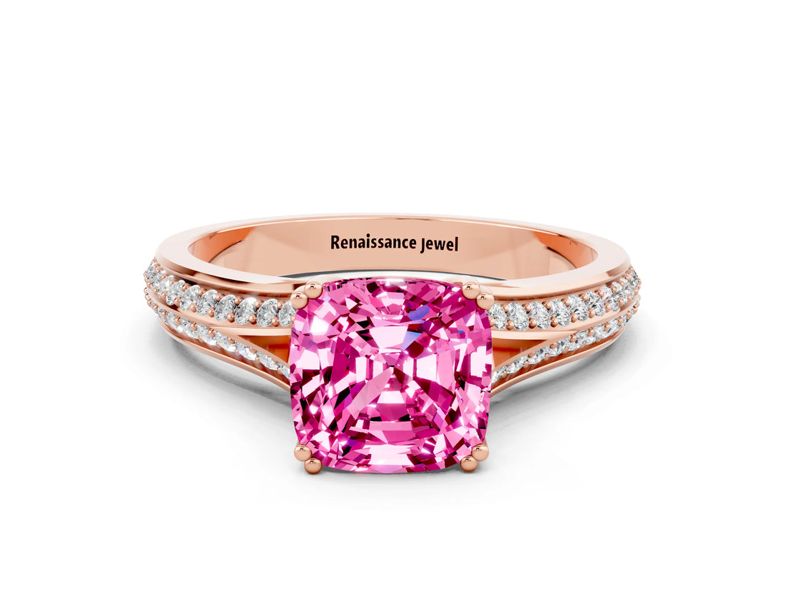 Rose gold Cushion Cut Pink Sapphire Split Shank Engagement Ring with Pavé Band_24