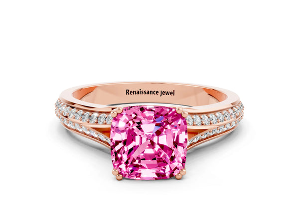 Rose gold Cushion Cut Pink Sapphire Split Shank Engagement Ring with Pavé Band