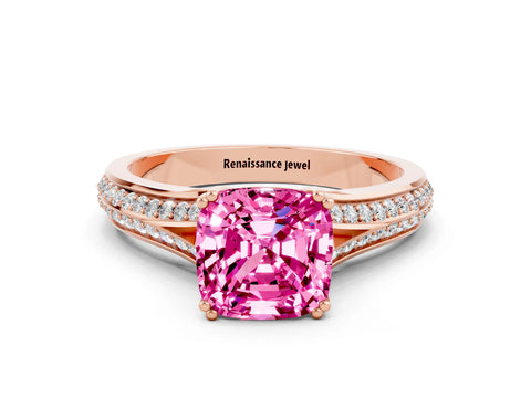 Rose gold Cushion Cut Pink Sapphire Split Shank Engagement Ring with Pavé Band_24