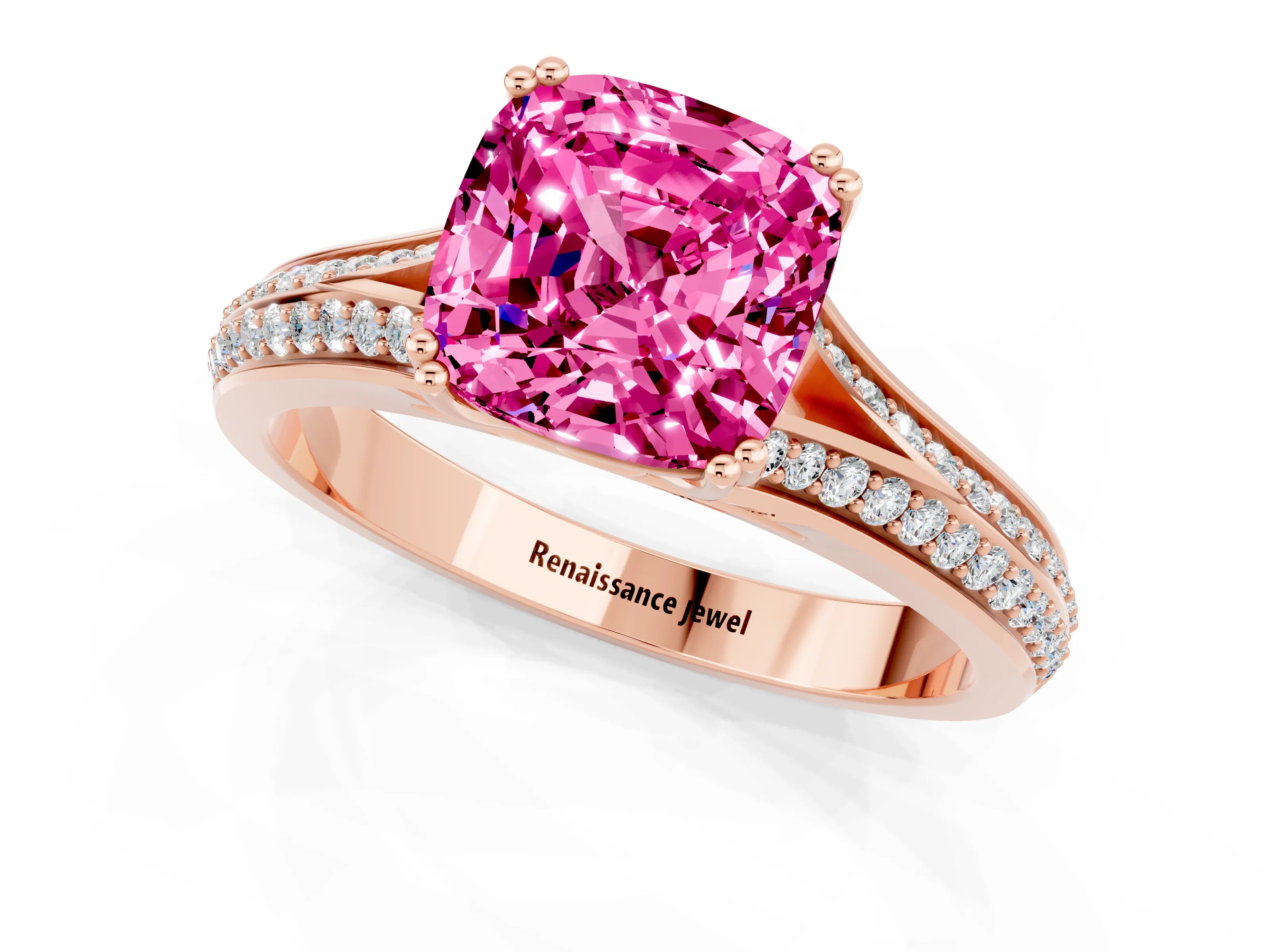 Rose gold Cushion Cut Pink Sapphire Split Shank Engagement Ring with Pavé Band_25