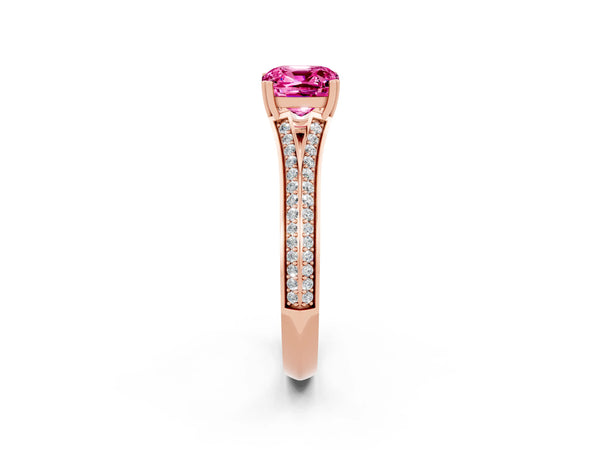 Rose gold Cushion Cut Pink Sapphire Split Shank Engagement Ring with Pavé Band