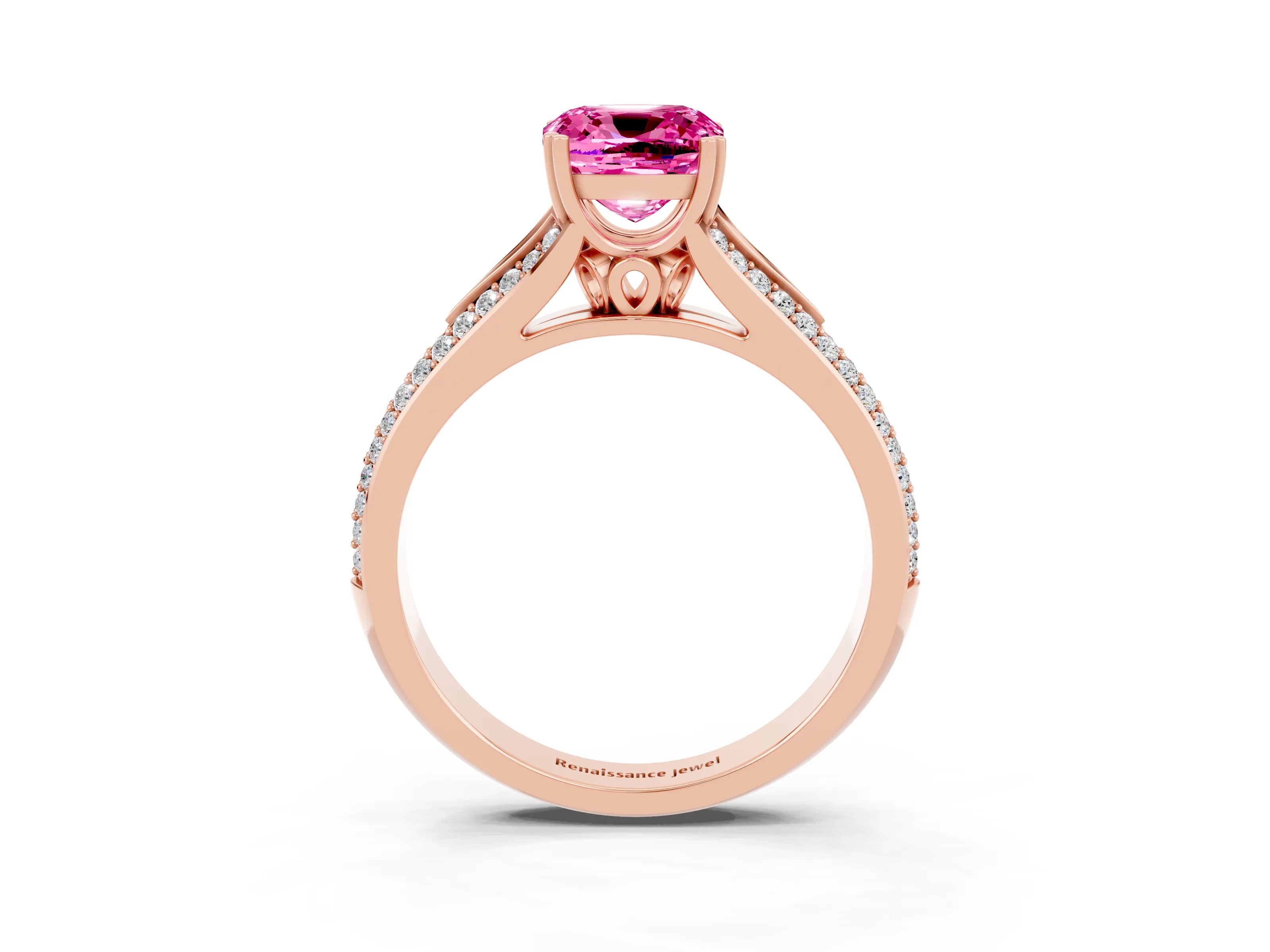 Rose gold Cushion Cut Pink Sapphire Split Shank Engagement Ring with Pavé Band_27