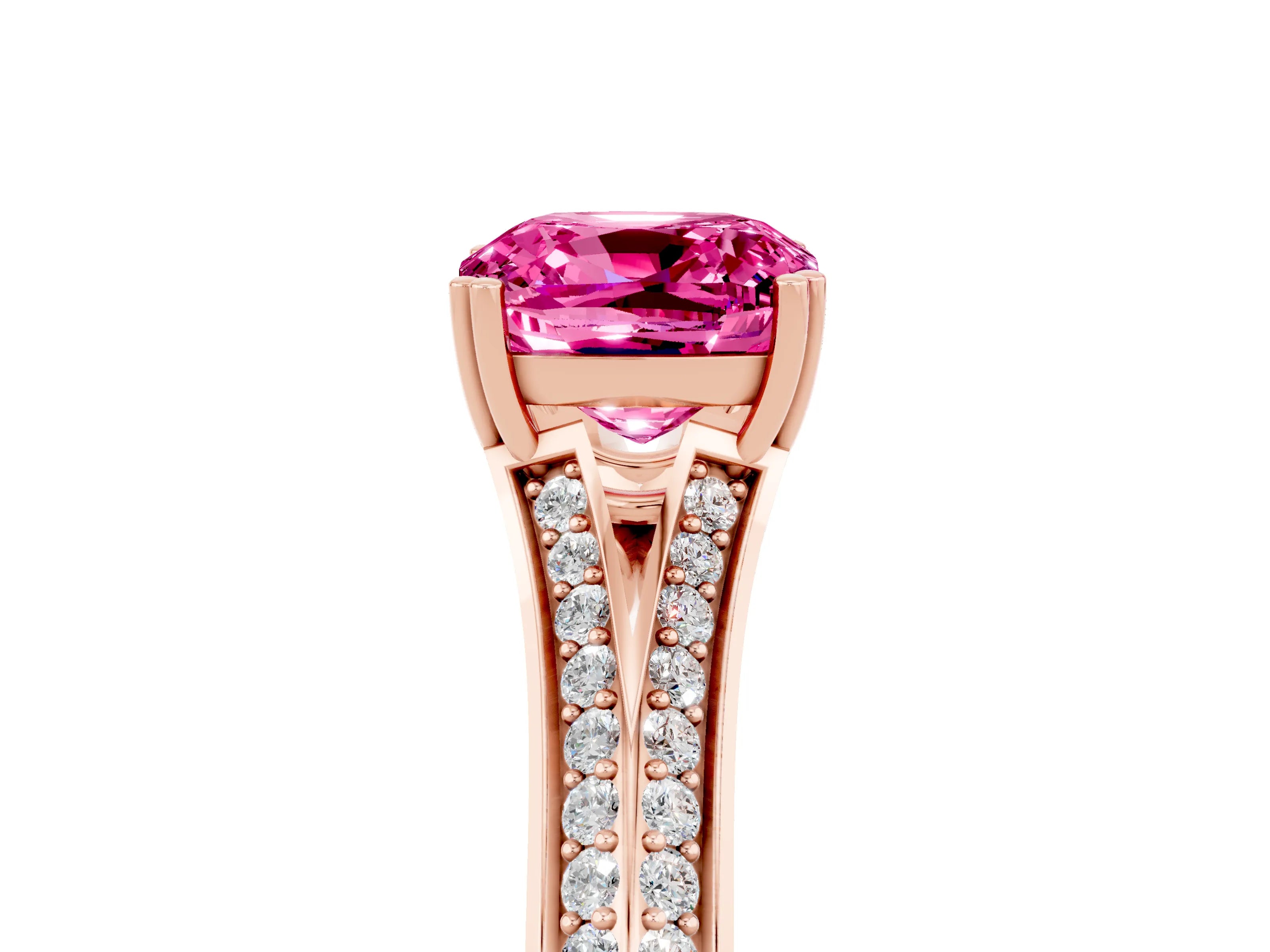 Rose gold Cushion Cut Pink Sapphire Split Shank Engagement Ring with Pavé Band_29