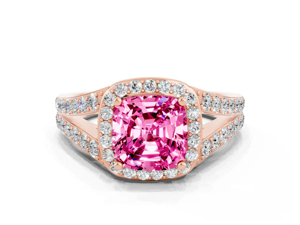 Rose gold Cushion Cut Pink Sapphire Split Shank Halo Ring with Four-Prong Setting