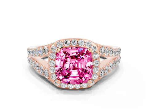 Rose gold Cushion Cut Pink Sapphire Split Shank Halo Ring with Four-Prong Setting_12