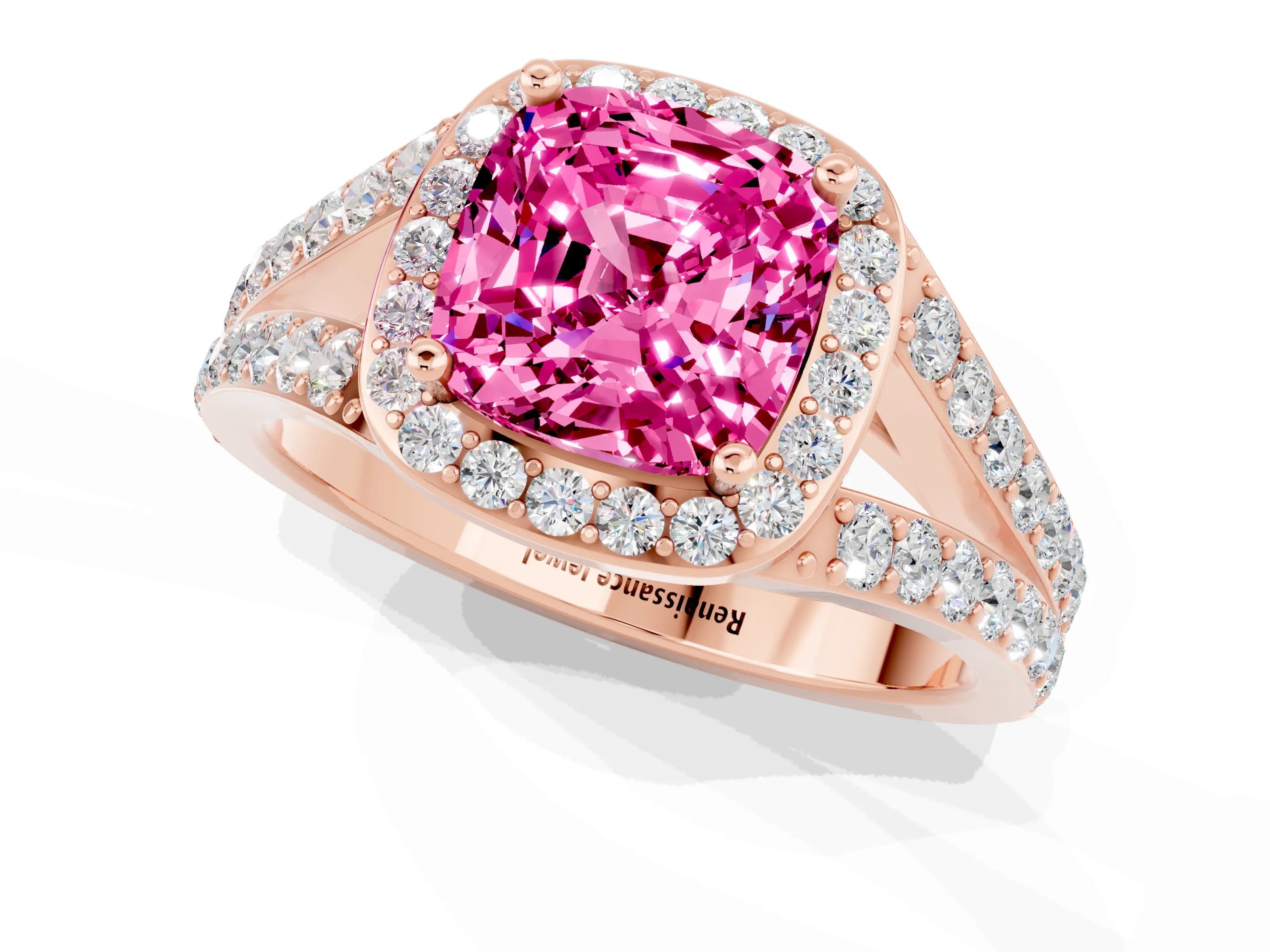 Rose gold Cushion Cut Pink Sapphire Split Shank Halo Ring with Four-Prong Setting_13